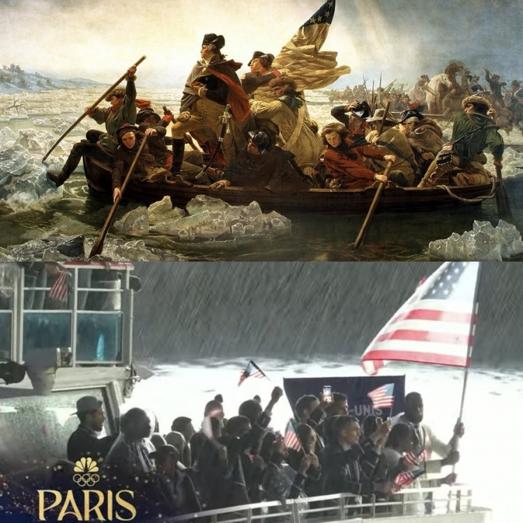 詹姆斯雨中船头举旗致敬世界名画《华盛顿横渡特拉华河》